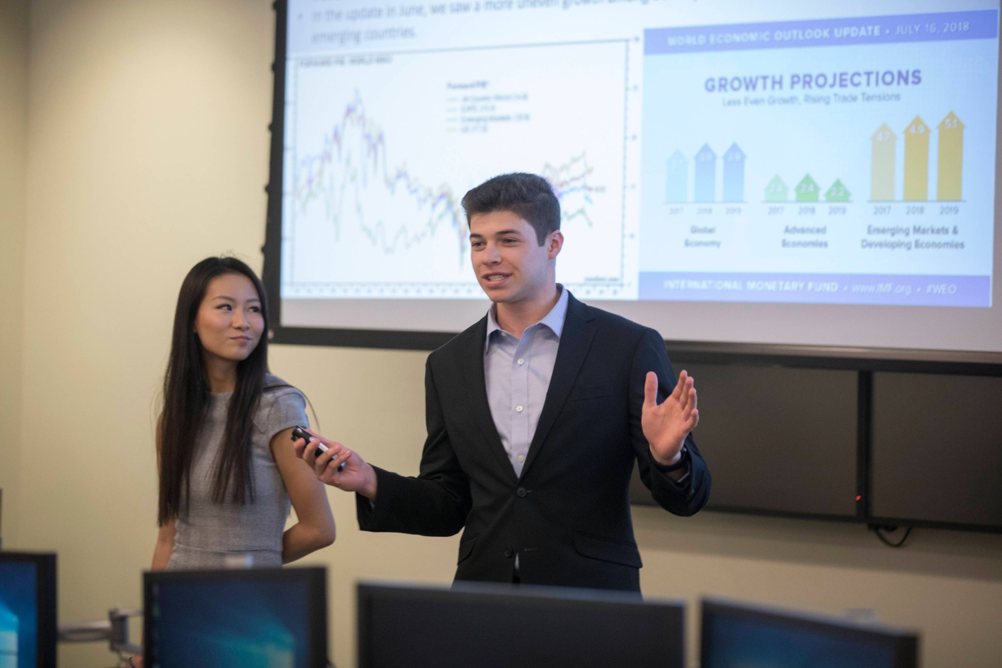 Two finance students presenting in the front of the class
