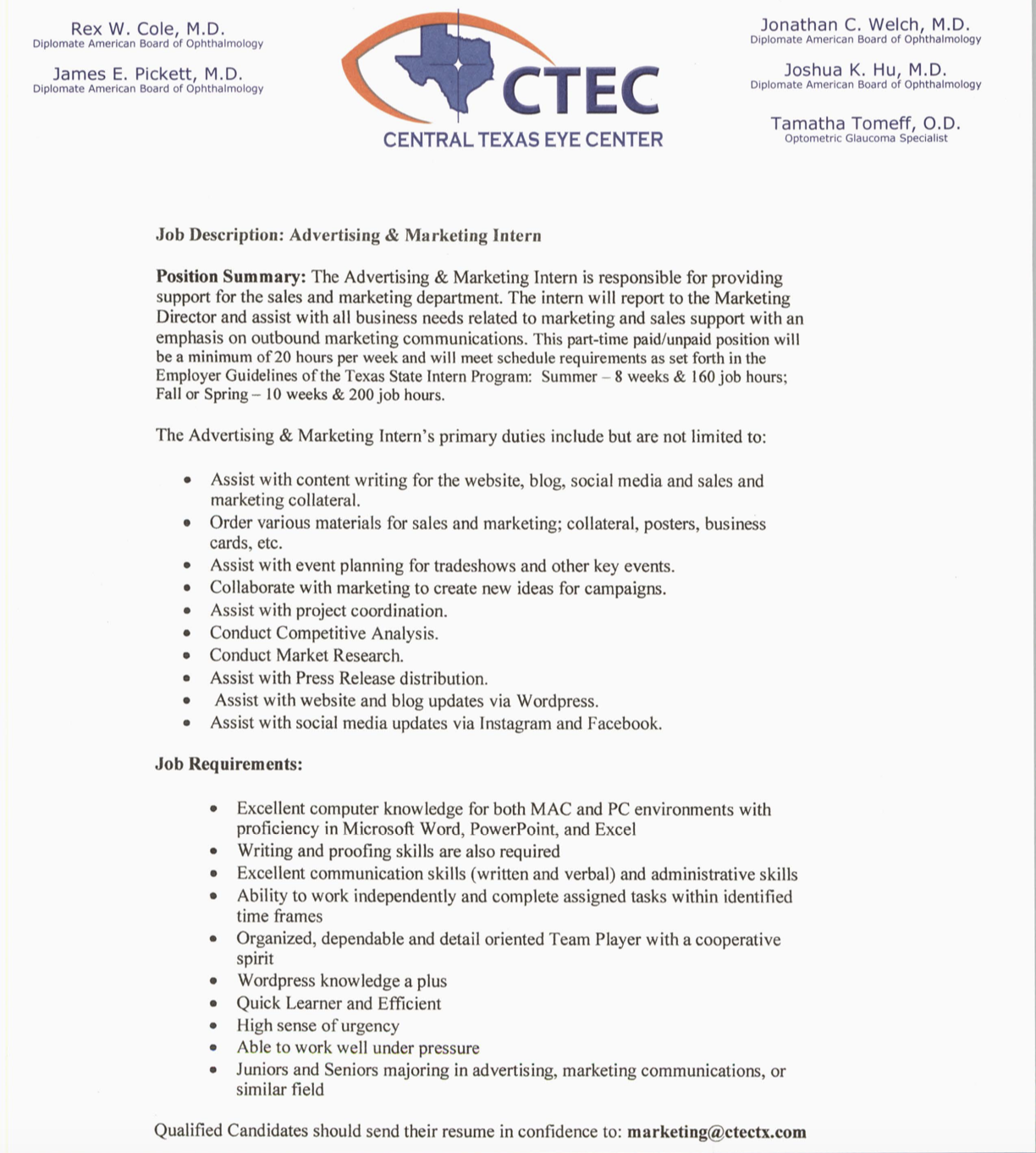 Central Texas Eye Center Internship Qualifications