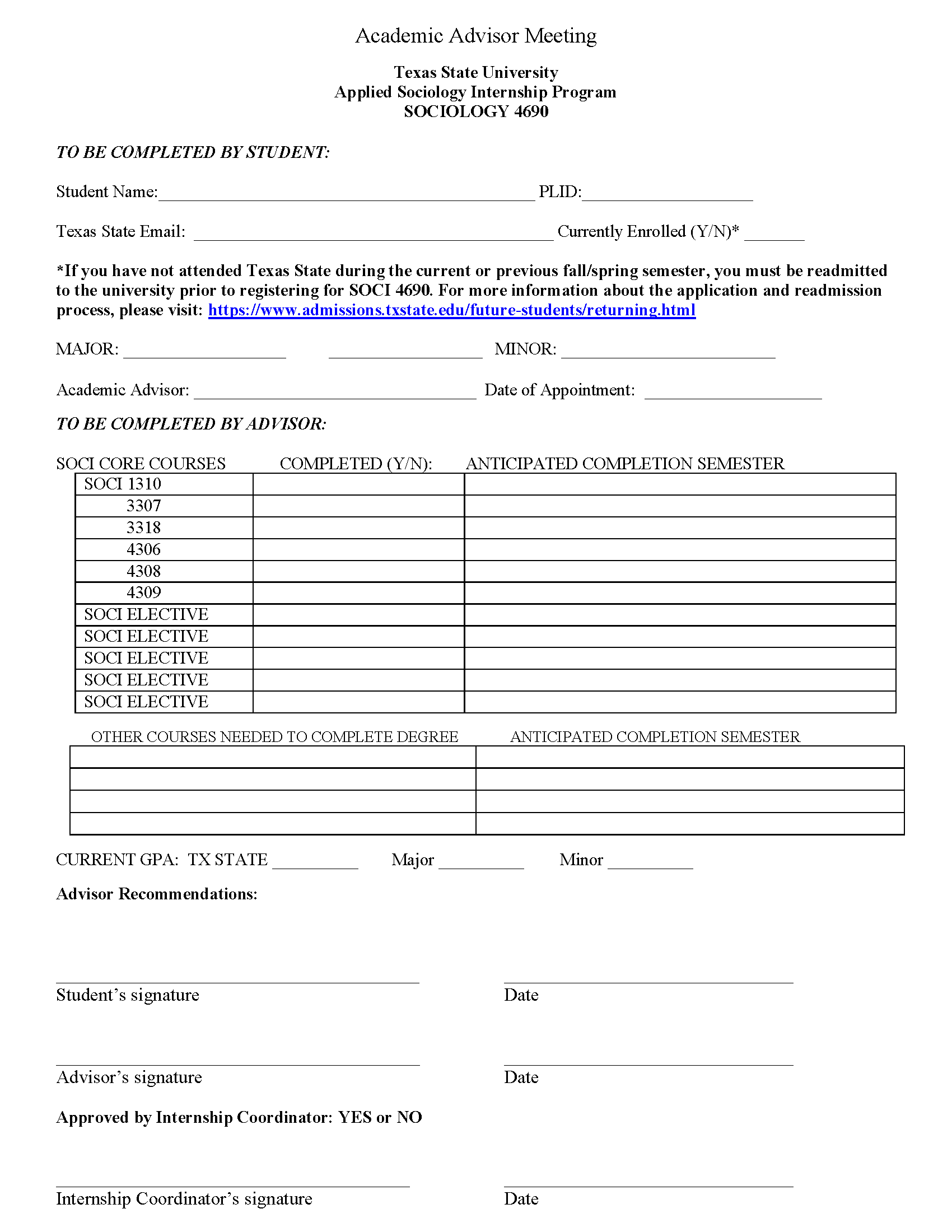 Academic Advising Form : Department of Sociology : Texas State University