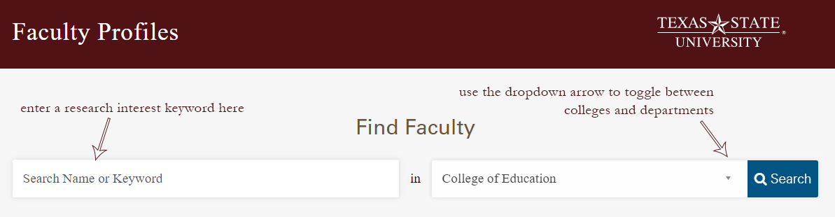 To use the Faculty Profiles search feature, enter a research interest keyword in the "Search Name or Keyword" box, use the dropdown arrow in the next box to toggle between colleges and departments, and hit "Search"
