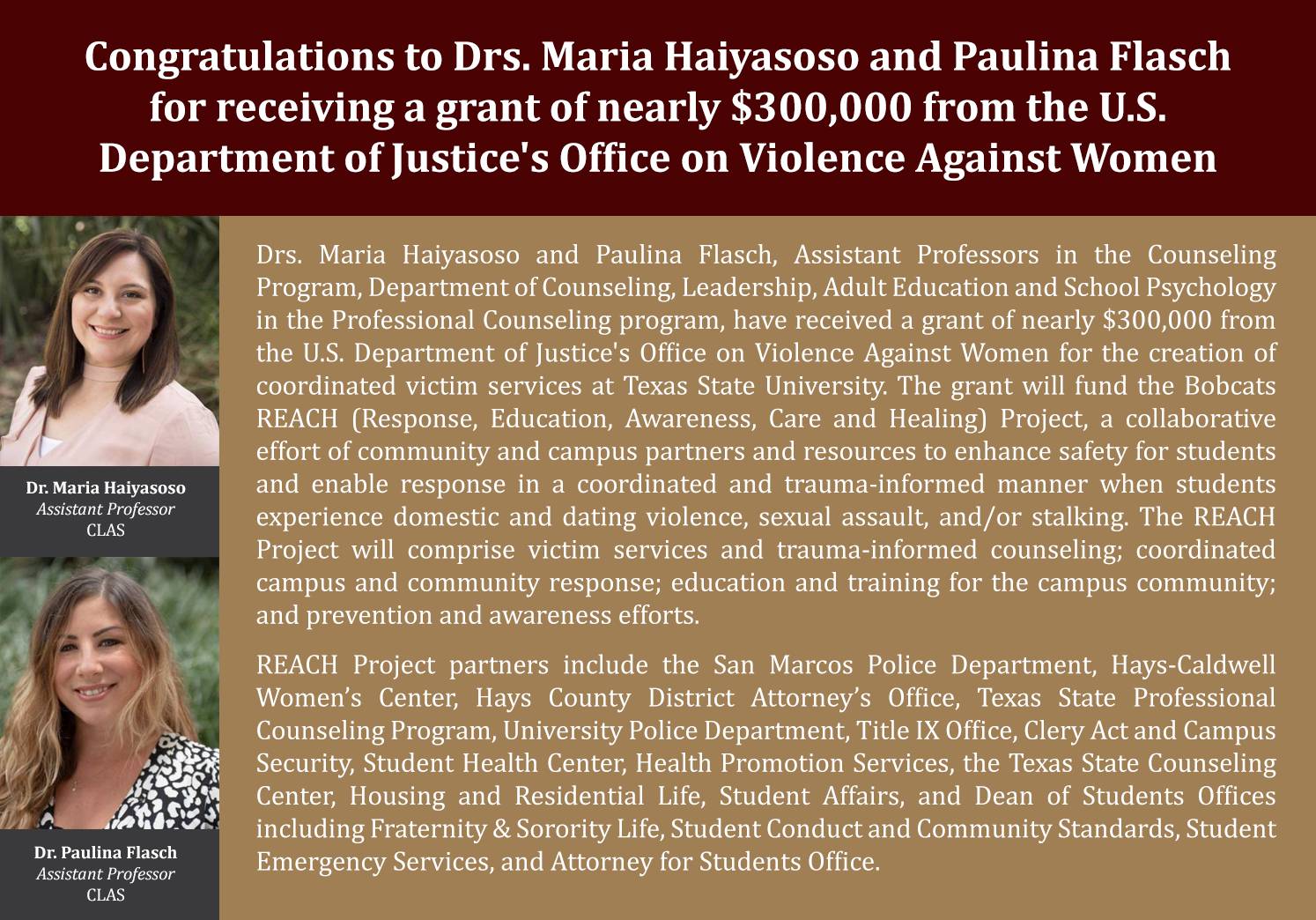 Drs. Maria Haiyasso and Paulina Flasch grant announcement graphic