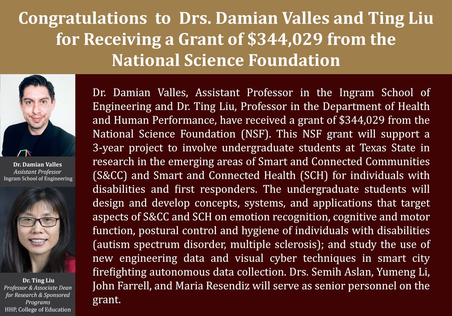 Congratulations to Drs. Damian Valles and Ting Liu  for Receiving a Grant of $344,029 from the  National Science Foundation