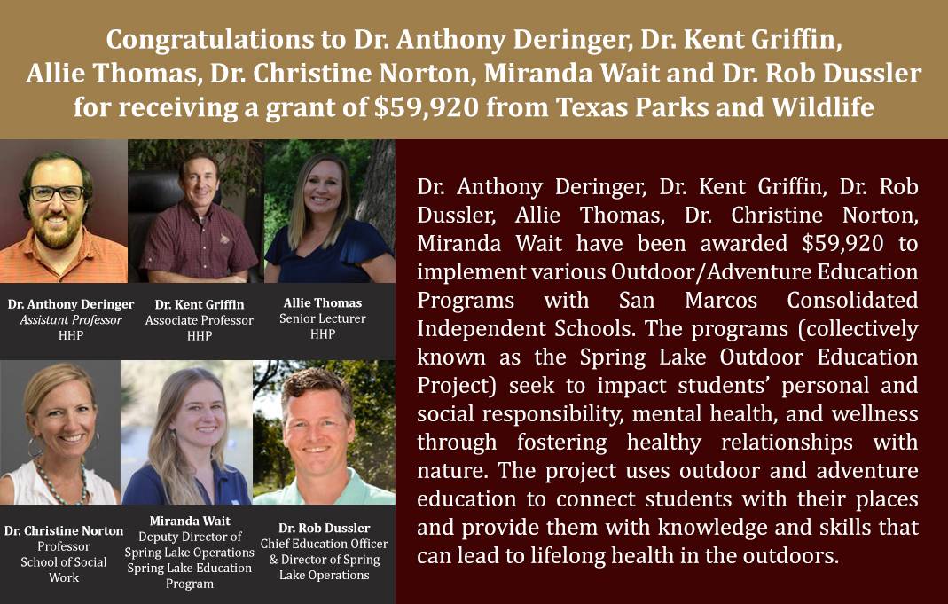 Congratulations to Dr. Anthony Deringer, Dr. Kent Griffin,  Allie Thomas, Dr. Christine Norton, Miranda Wait and Dr. Rob Dussler  for receiving a grant of $59,920 from Texas Parks and Wildlife