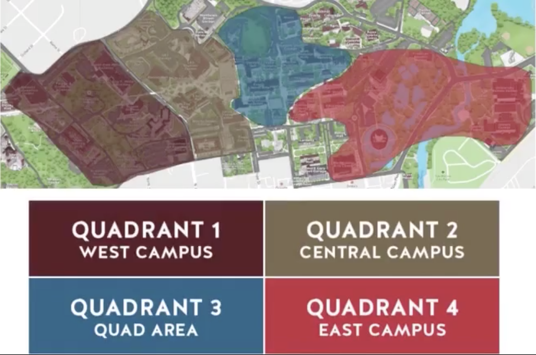 a map of the texas state campus that is color coded into four quadrants: quadrant one is maroon and marks west campus on the far left side of the map, quadrant two is gold and marks central campus on the left-middle side of the map, quadrant three is blue and marks the quad area on the right-middle side of the map, and quadrant four is red and marks east campus on the far right side of the map.