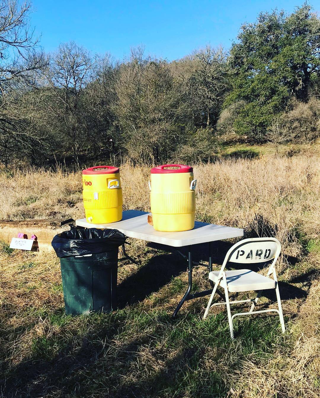 two big yellow water jugs sit on a folding table in the middle of the woods