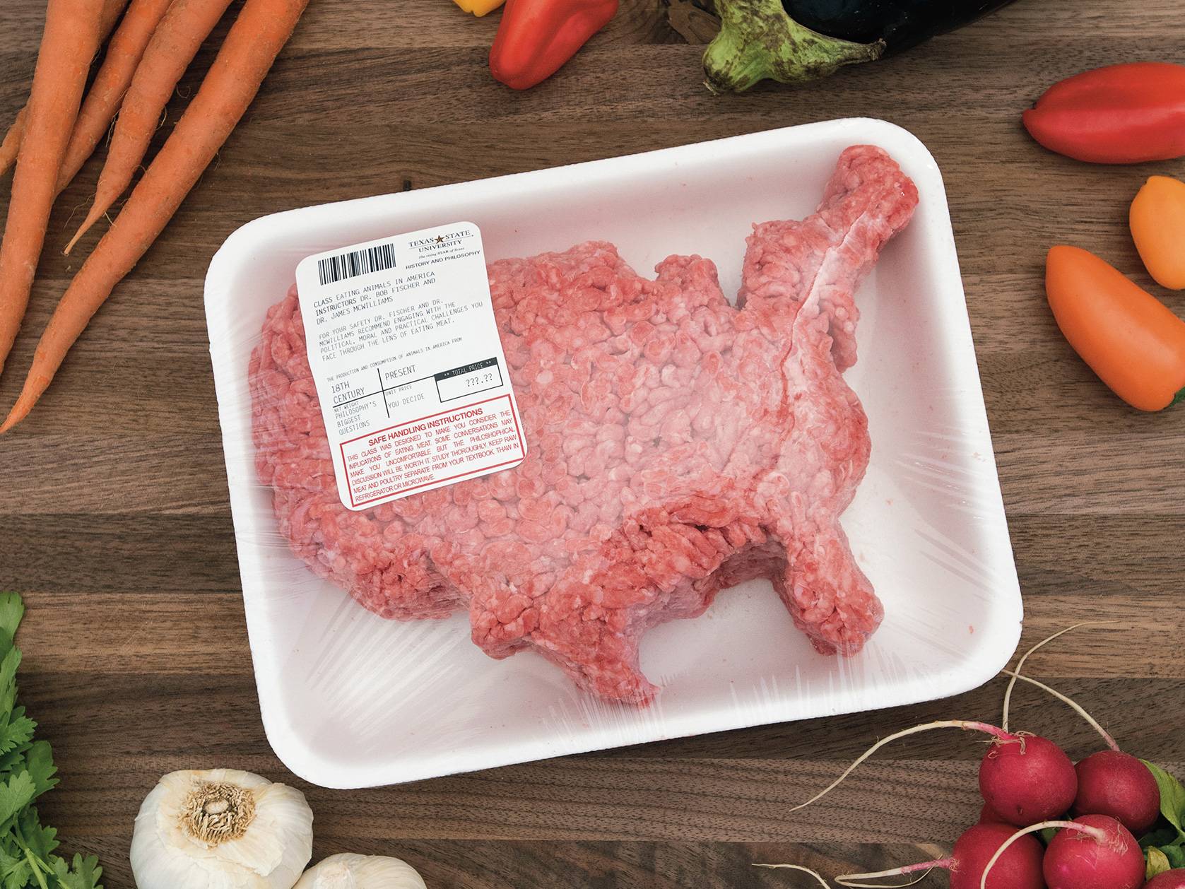 Ground beef in the shape of the USA surrounded by vegtables