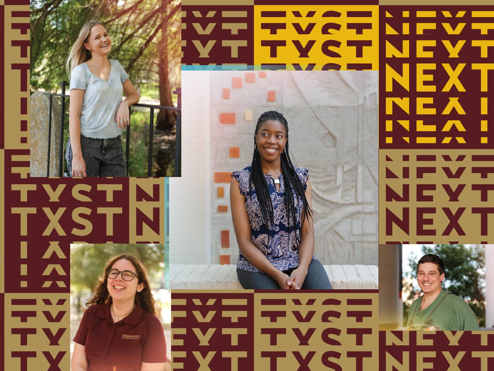 students smiling with txst next graphic