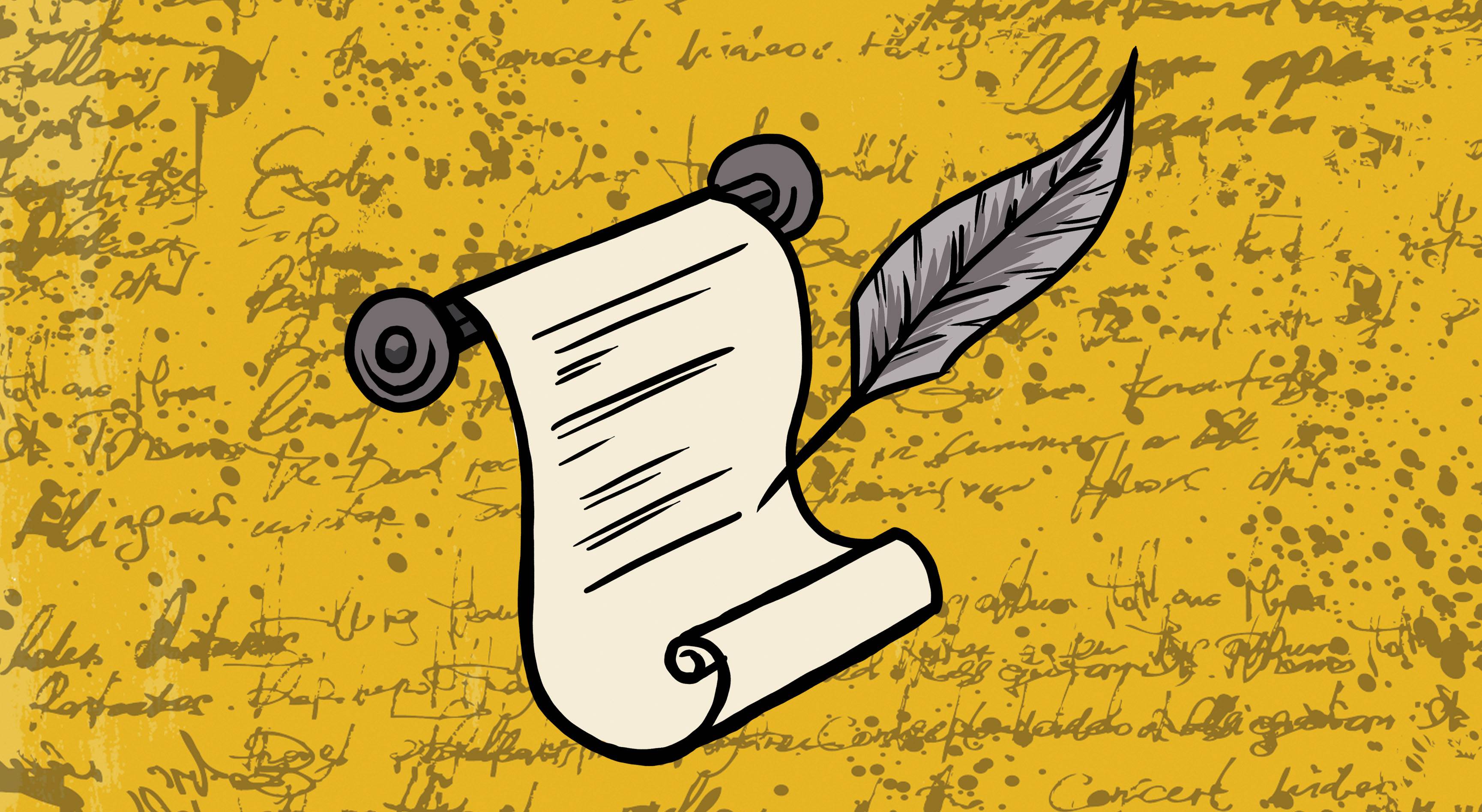 digital graphic of paper scroll and pen