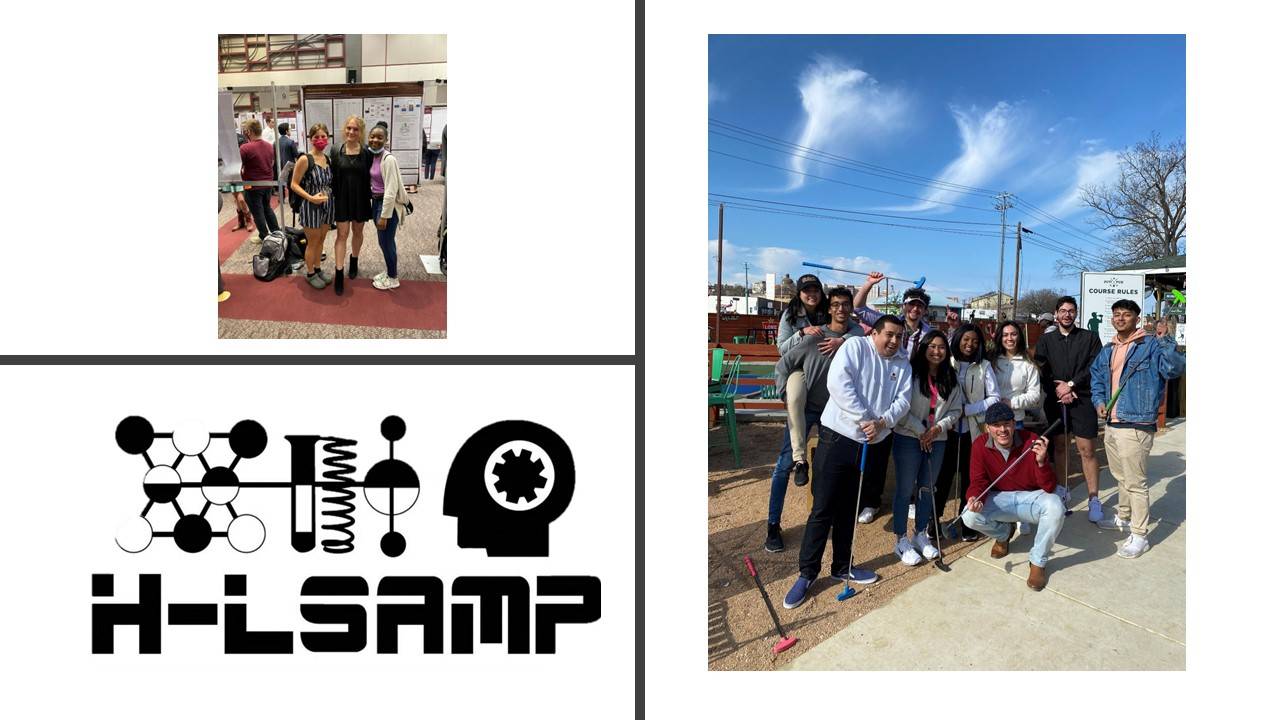 HLSAMP Logo and 2 pictures of students playing golf and doing research