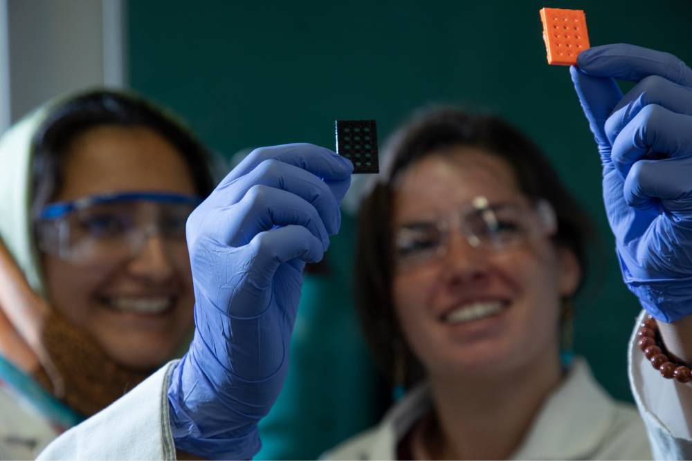 two women holding up microchips