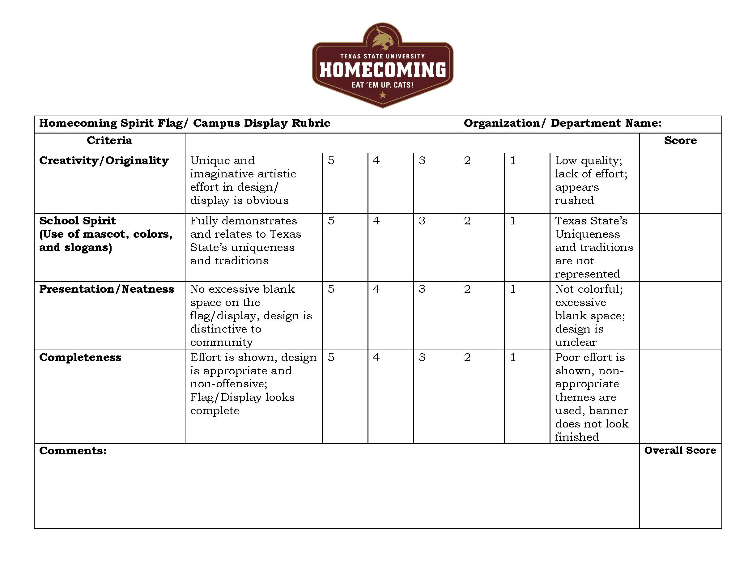 Rubric for campus display and spirit flag competition.