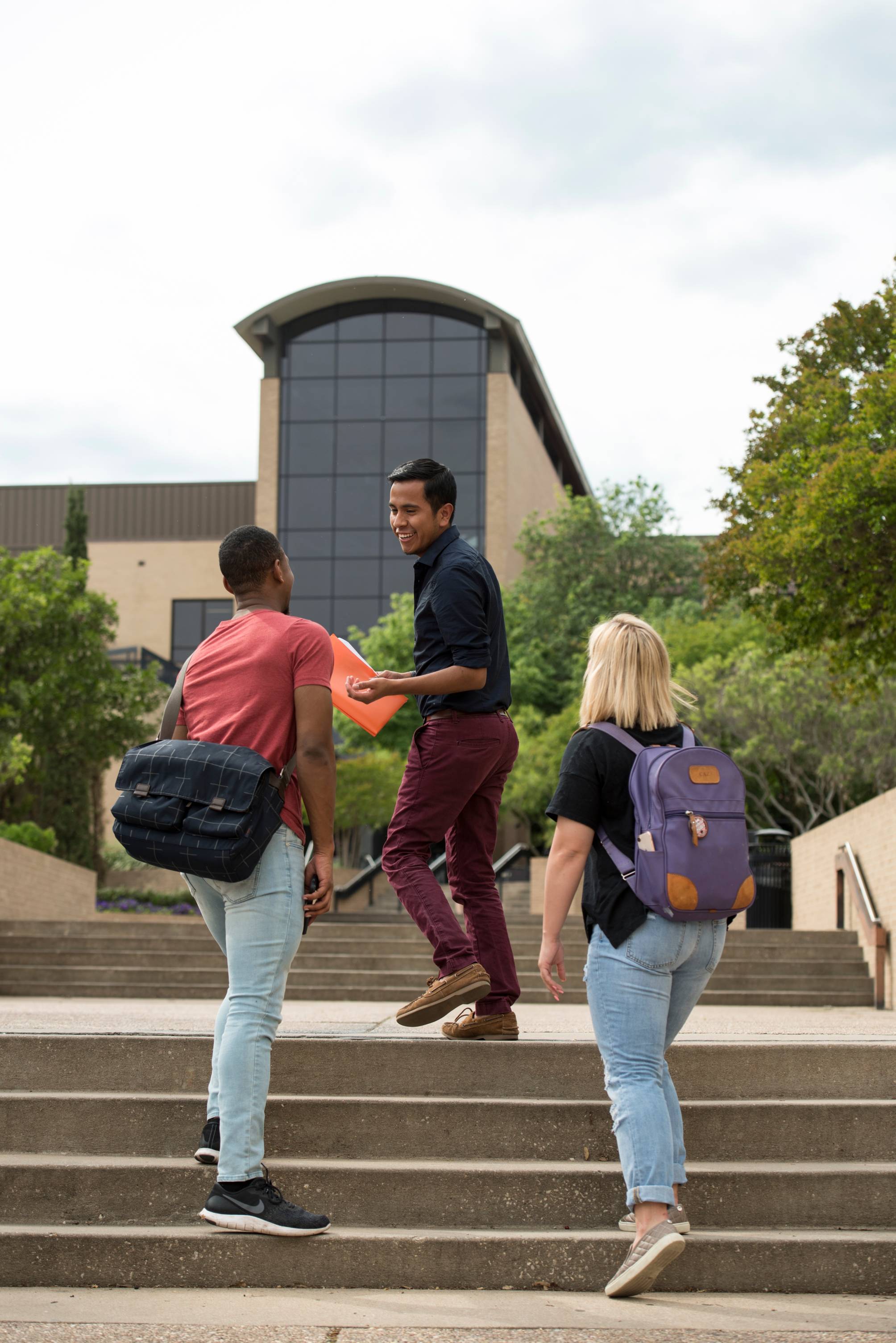 Tour guide and two students walk up LBJ Mall steps