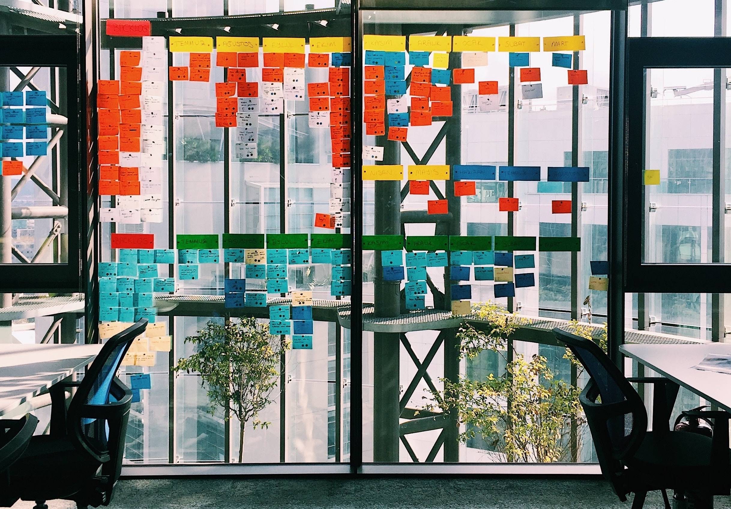 colorful sticky notes on a glass window