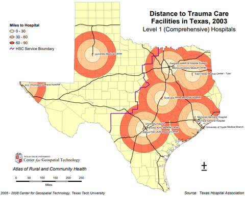 Access to Trauma Level 1 hospitals in Texas