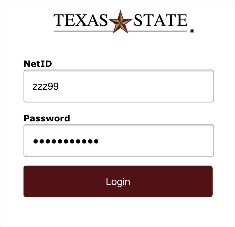 Texas State login screen