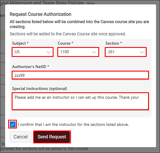 send request for course authorization