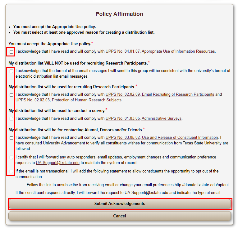 Select acknowledgements and click Submit Acknowledgements.