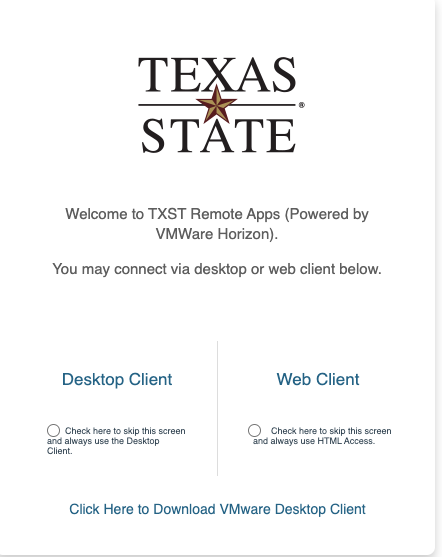 home screen of the link (remote.txstate.edu)