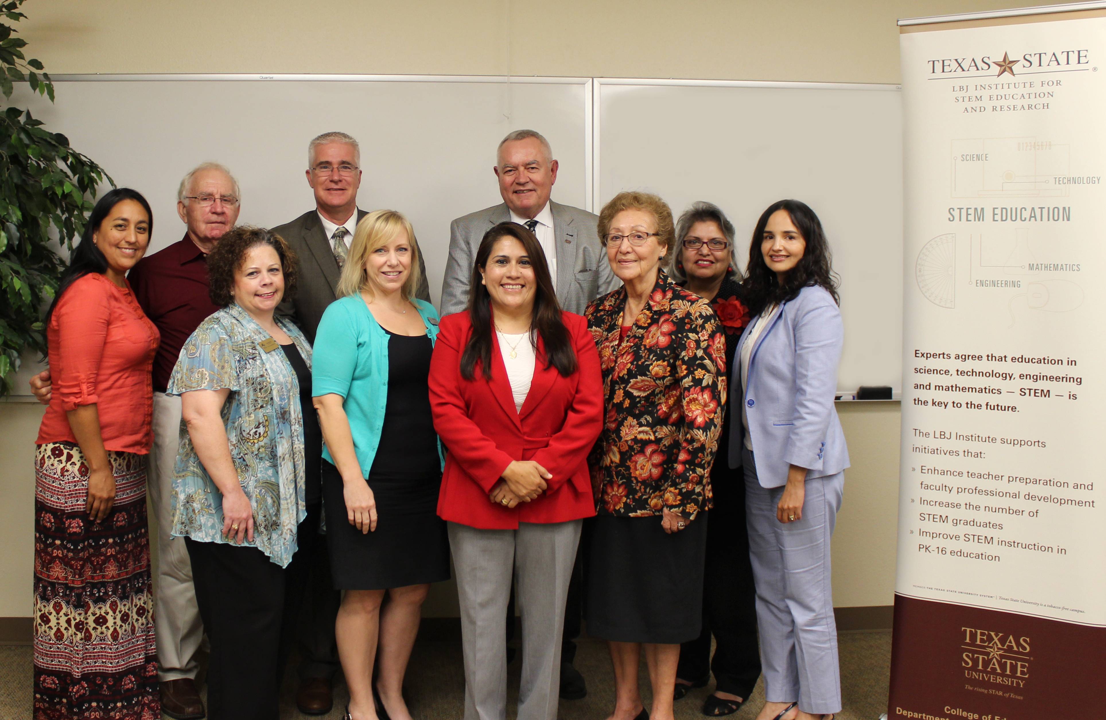 Back Row (left to right): Sara Torres, Teacher at Travis Elementary; Dr. John Beck, Professor Emeritus at the LBJ Institute for STEM Education and Research; Hensley Cone, Director of Secondary Curriculum Instruction and Accountability for SMCISD; Dr. Stan Carpenter, Dean of the College of Education at Texas State University; Gloria Salazar, Program Coordinator for the Centro Cultural Hispano de San Marcos; Dr. Laura Rodriguez Amaya, Assistant Professor at the LBJ Institute for STEM Education and Research Front Row (left to right): Niki Konecki, Principal at Travis Elementary; Nicole Dray, Director of Elementary Curriculum instruction and Federal Programs; Dr. Araceli Martinez Ortiz, Research Assistant Professor and Director of the LBJ Institute for STEM Education and Research; Ofelia Vasquez-Philo, President Emeritus of the Centro Cultural Hispano de San Marcos Photographer: Cynthia De La Cruz