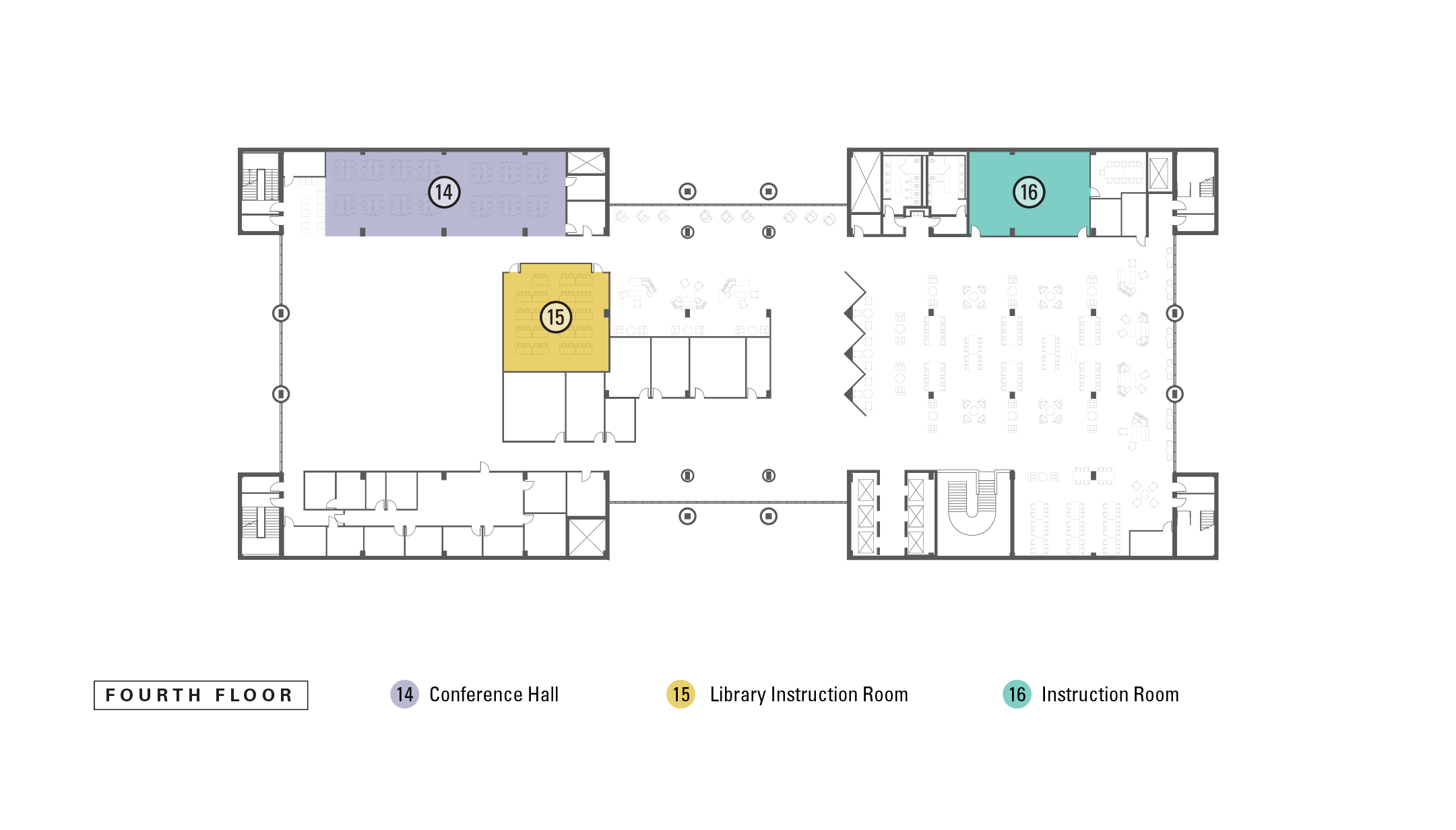 Floorplan of 4th floor with highlighted spaces that correspond to numbered descriptions