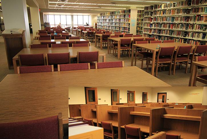 Photo of study tables, book stacks and study carrels
