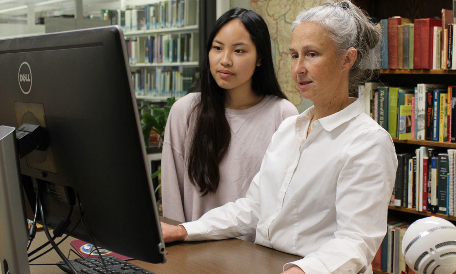 student and librarian looking at a computer