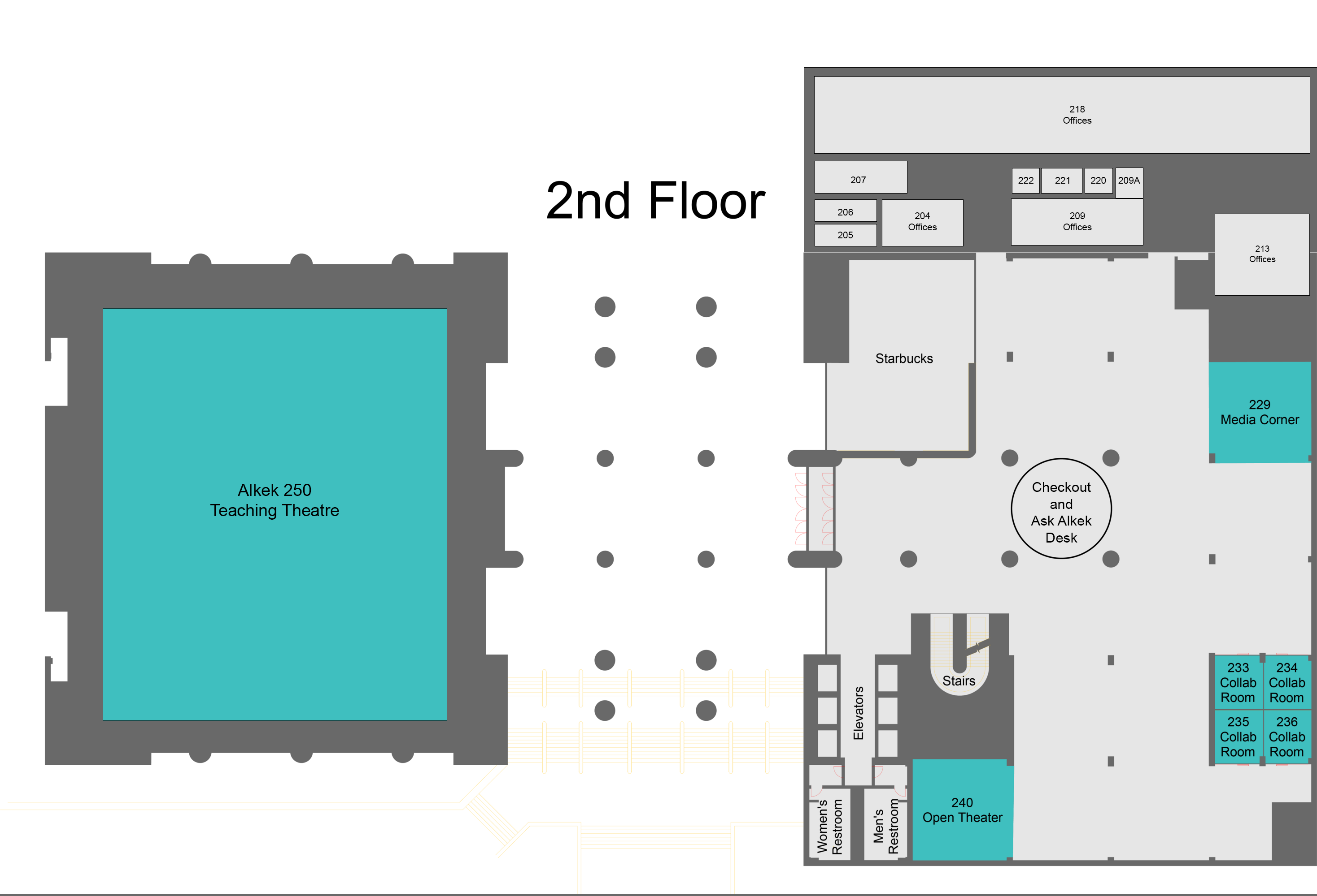 Map of 2nd floor with some spaces from list located