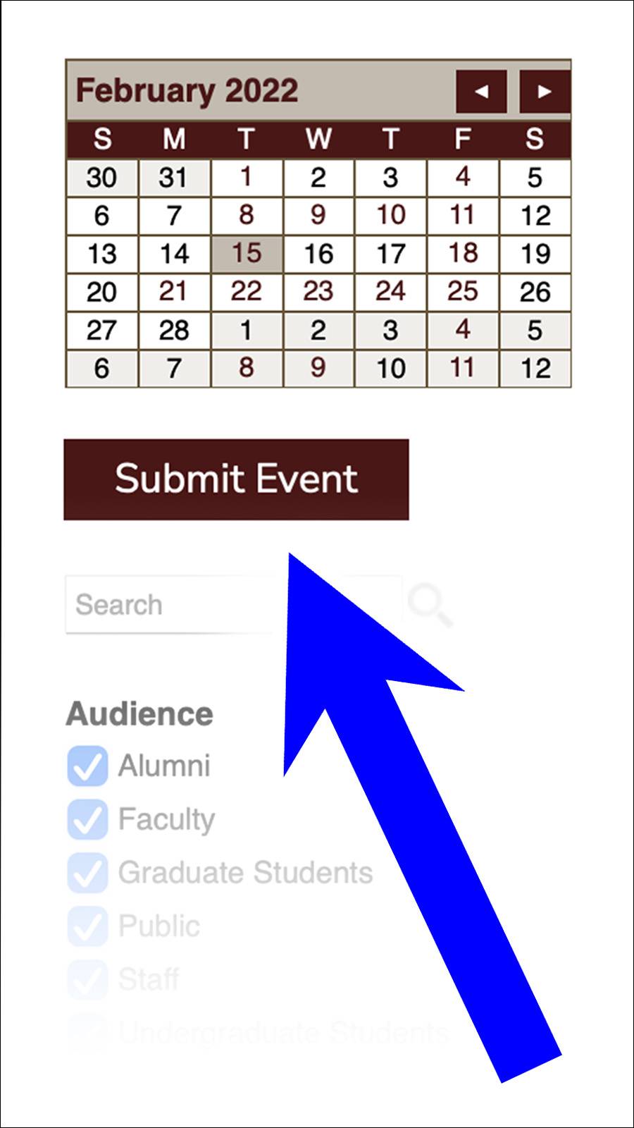 Screenshot of blue arrow pointing at button labeled "Submit Event"
