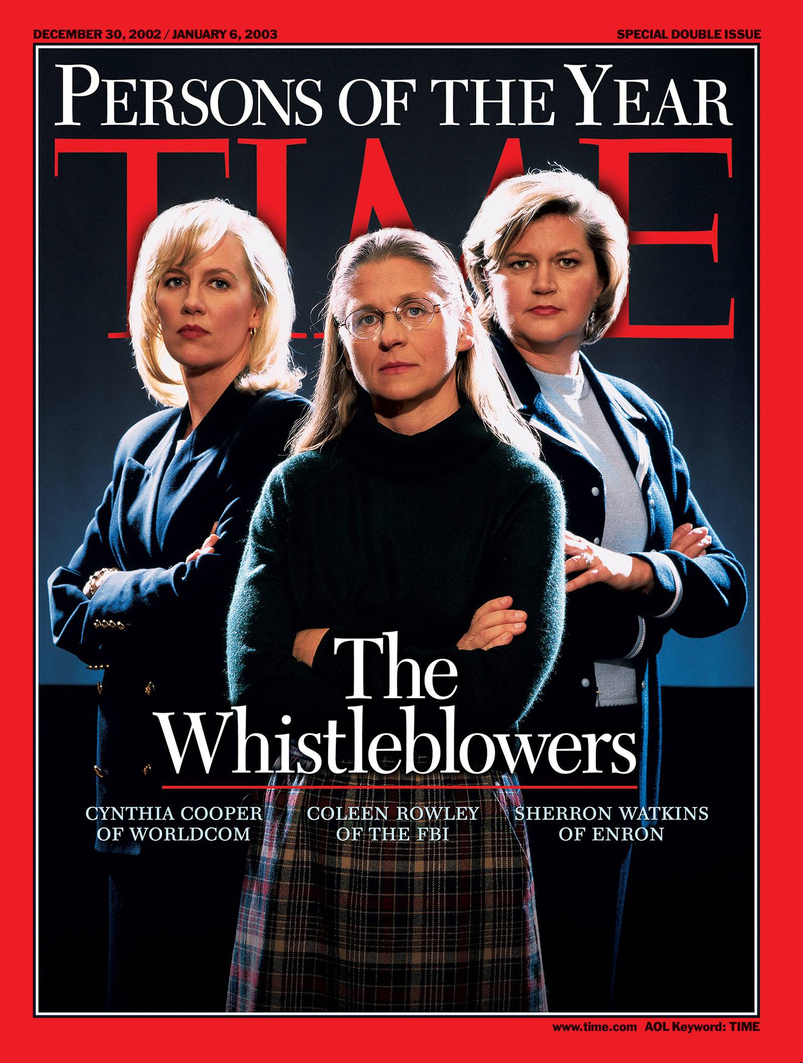 TIME magazine cover featuring 2002 Persons of the Year, "The Whistleblowers": Cynthia Cooper, Coleen Rowley, and Sherron Watkins