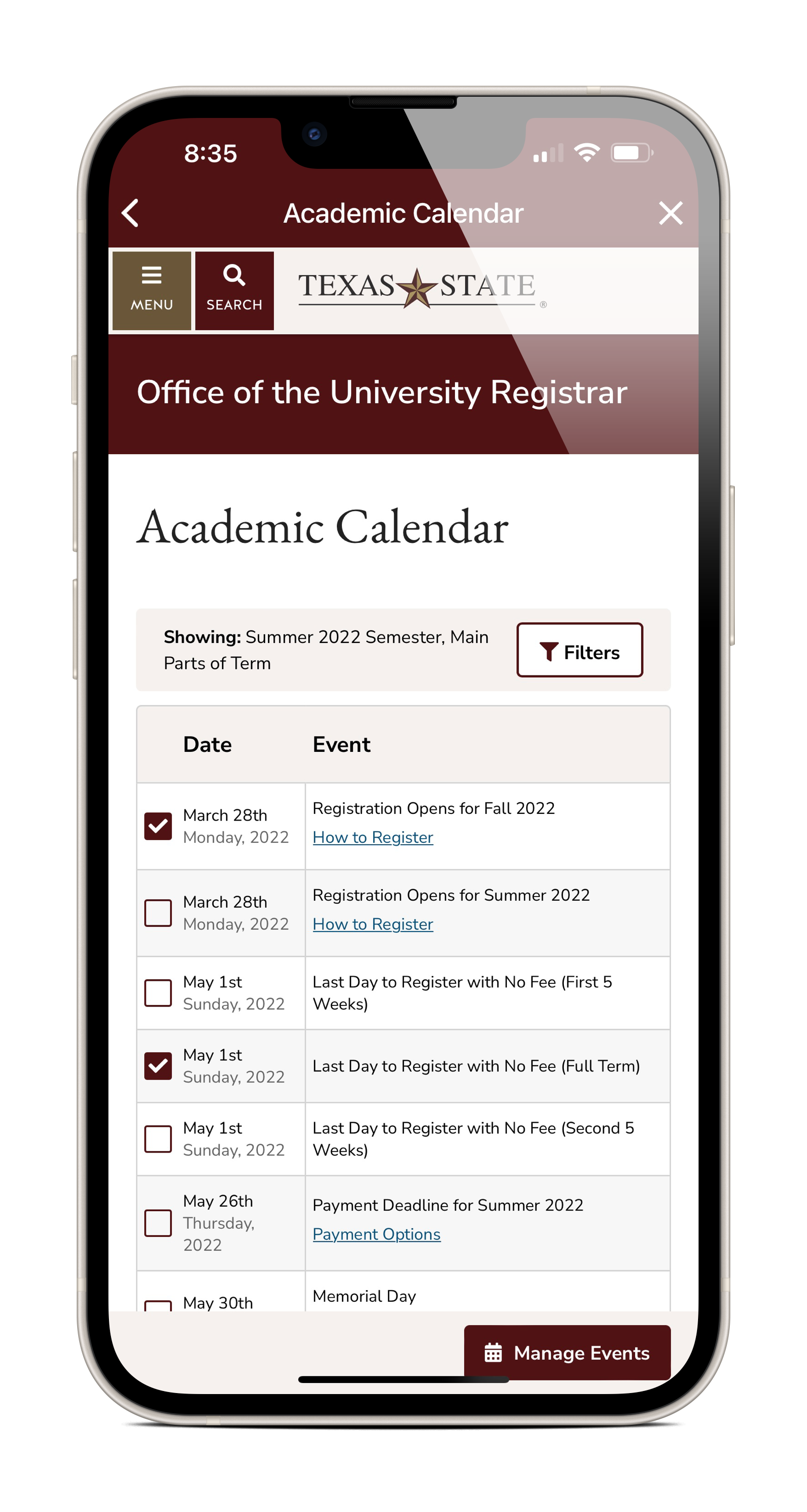 phone screen of academic calendar, timeline with dates and filters
