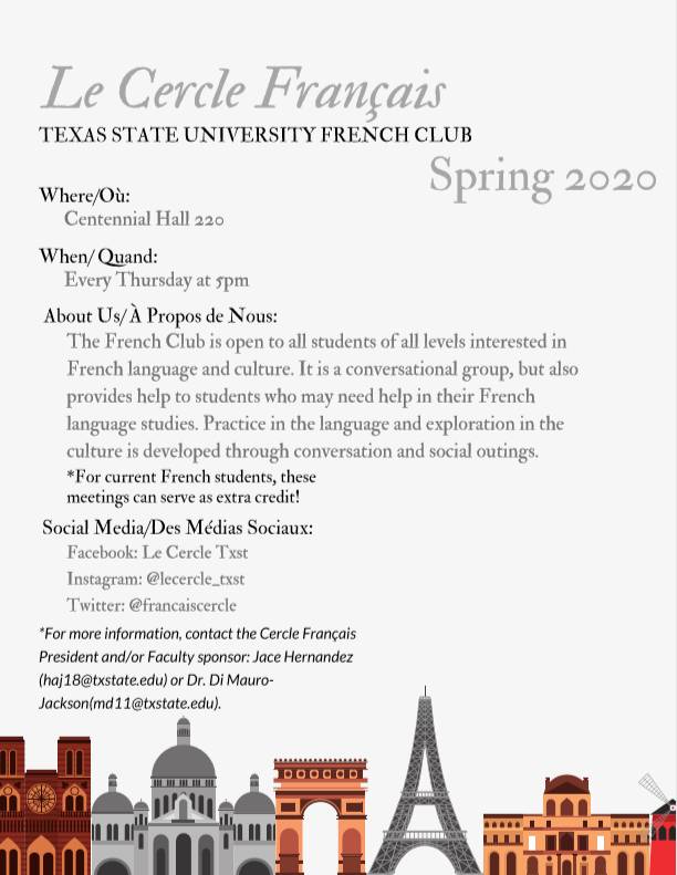 Text: The French Club is open to all students of all levels interested in French language and culture. It is a conversational group, but also  provides help to students who may need help in their French language studies. Practice in the language and exploration in the culture is developed through conversation and social outings. *For current French students, these meetings can serve as extra credit!