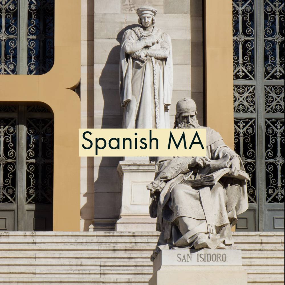 Text: Spanish MA. Image: Sculptures of St. Isidoro and Luis Vives at the National Library of Spain, in Madrid. Cropped and text added.Photo by Carlos Delgado. CC BY-SA 3.0 license.