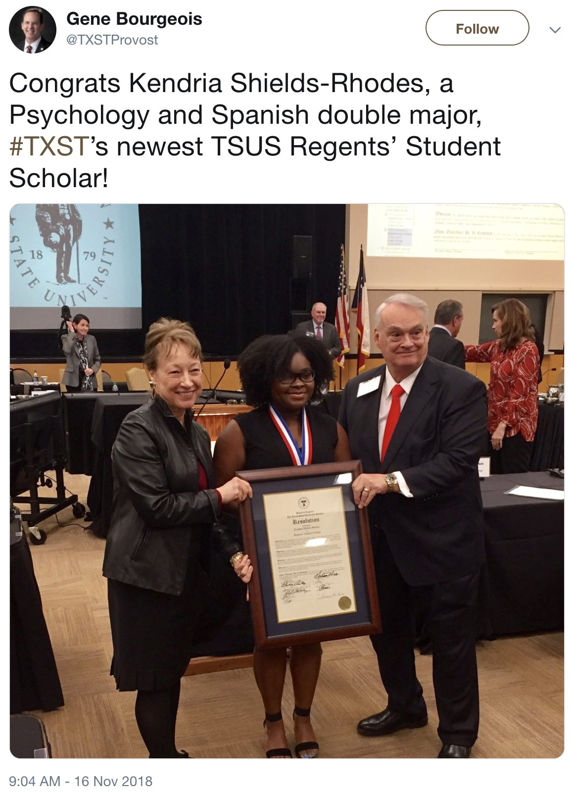Tweet from Provost Gene Bourgeois congratulating Ms. Shield-Rhodes 