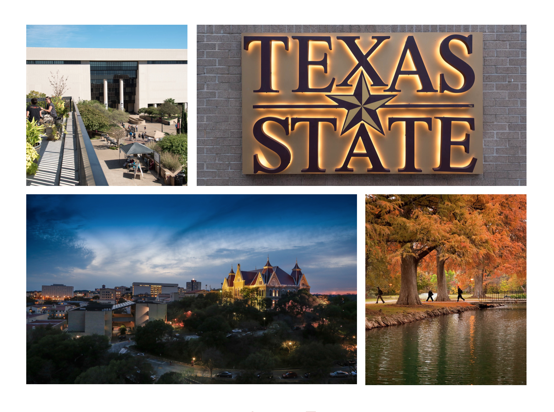 Alkek Library, TXST Quad Sign, view of campus, campus ponds
