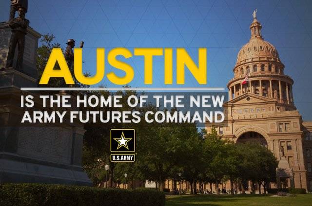 picture of the state capitol that reads "Austin is the home of the new army futures command"