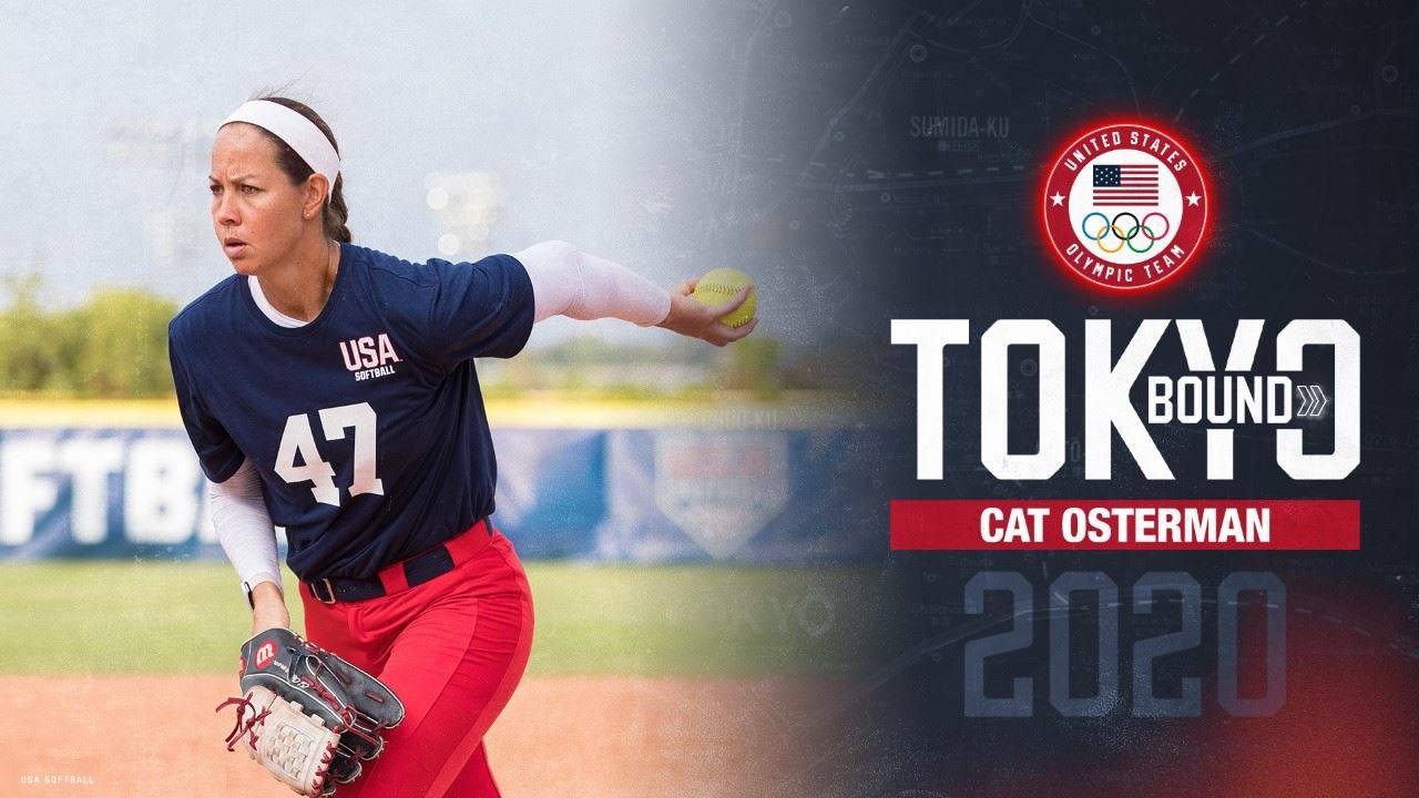 cat osterman pitching softball with tokyo olympics graphic