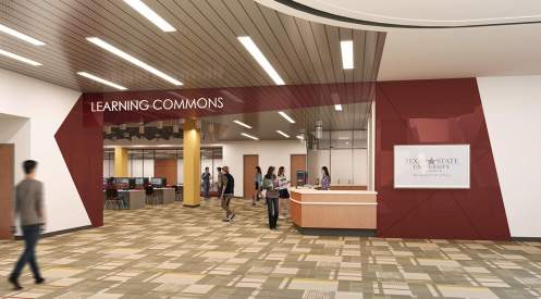 Architectural rendering of the first floor learning commons at the Albert B. Alkek Library at Texas State University.