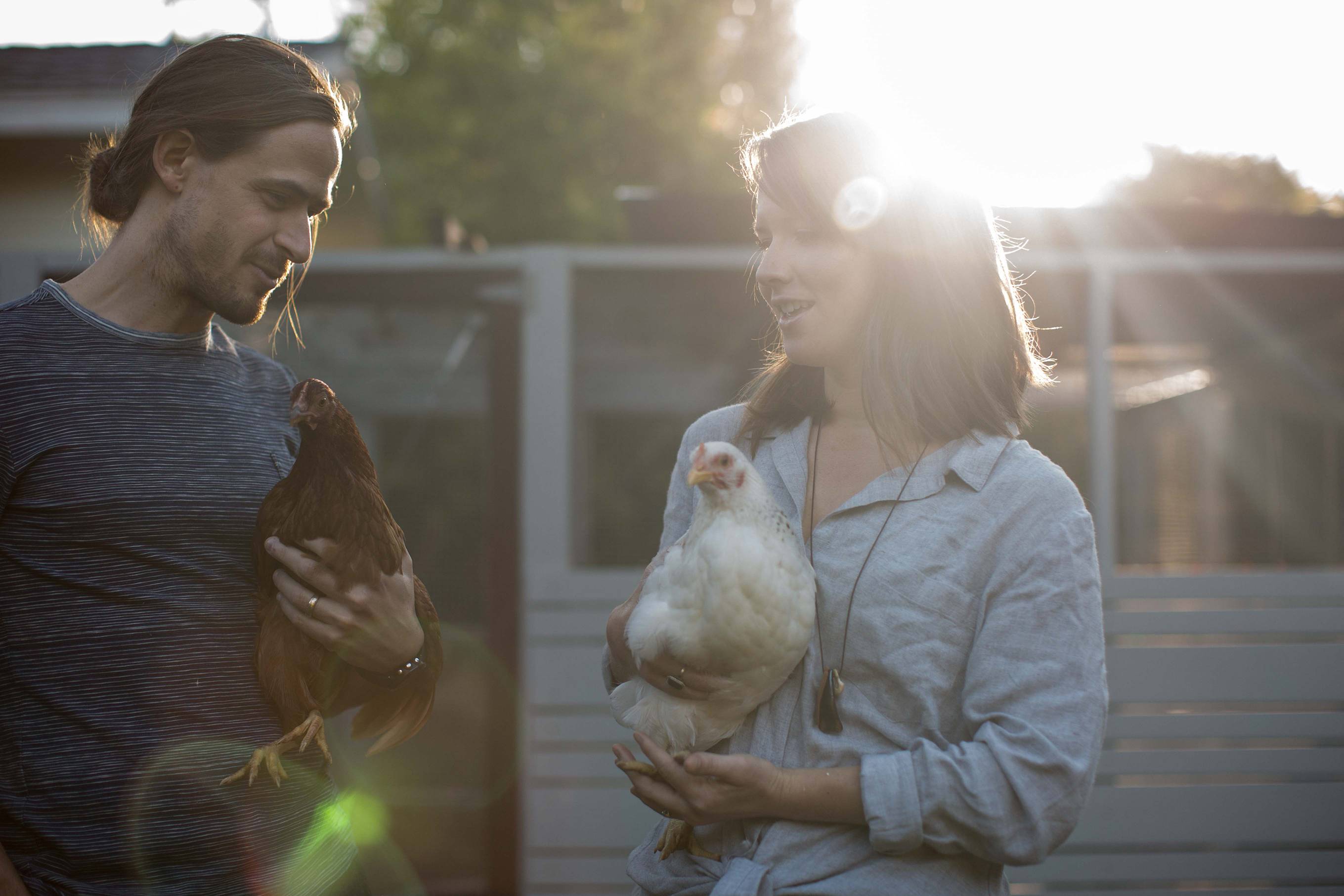 couple with chickens