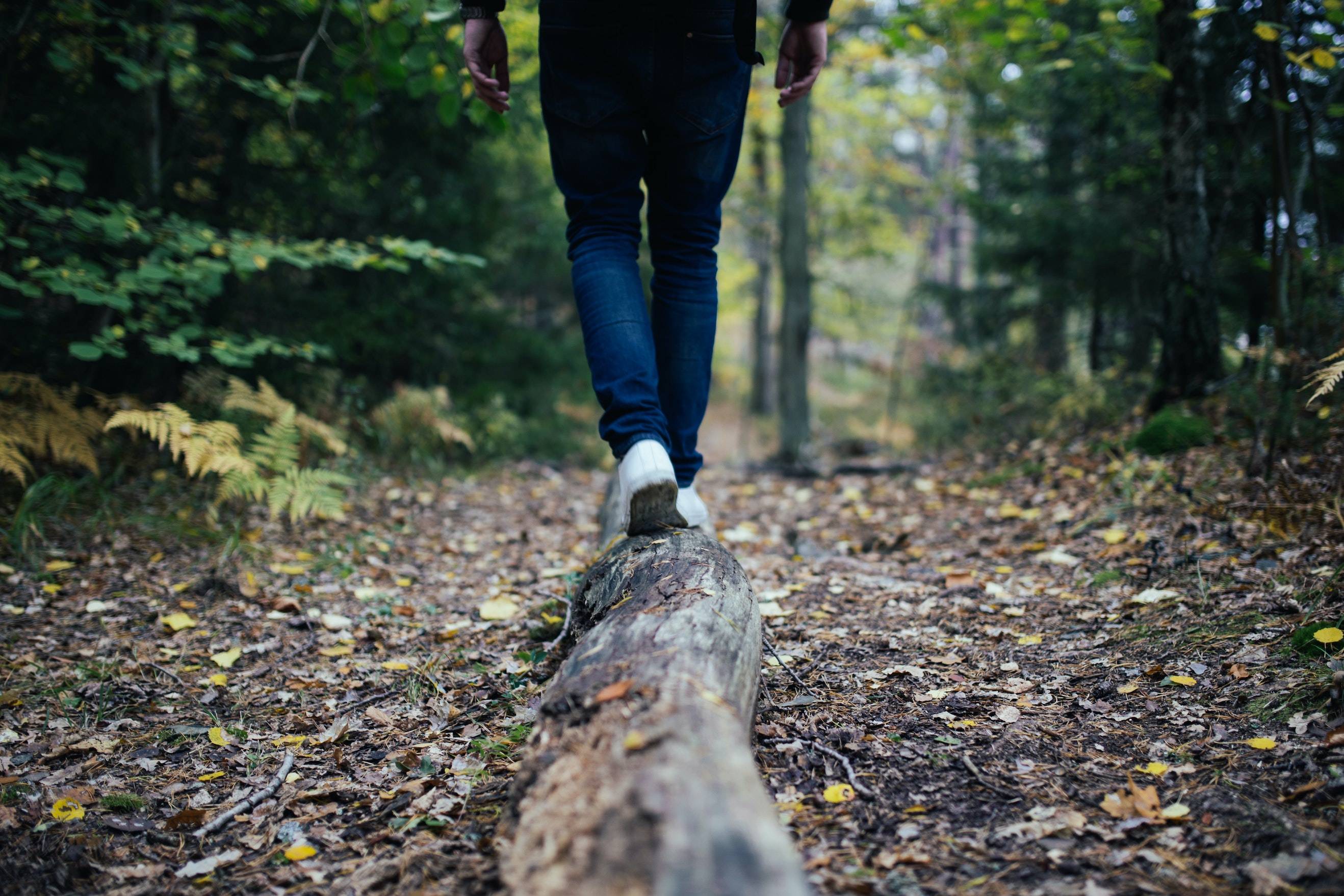 person walking on a log