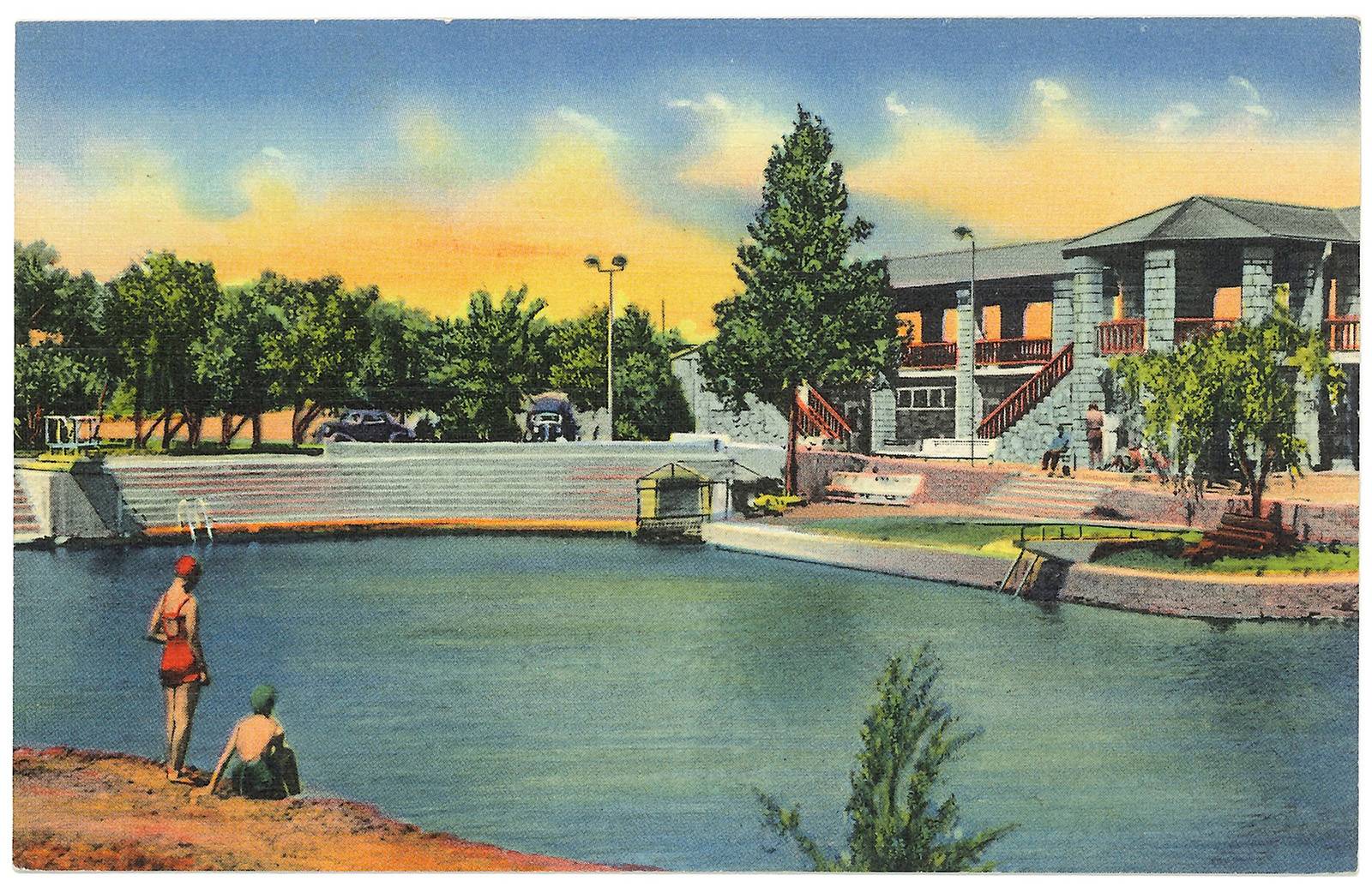colorful postcard of people enjoying body of water