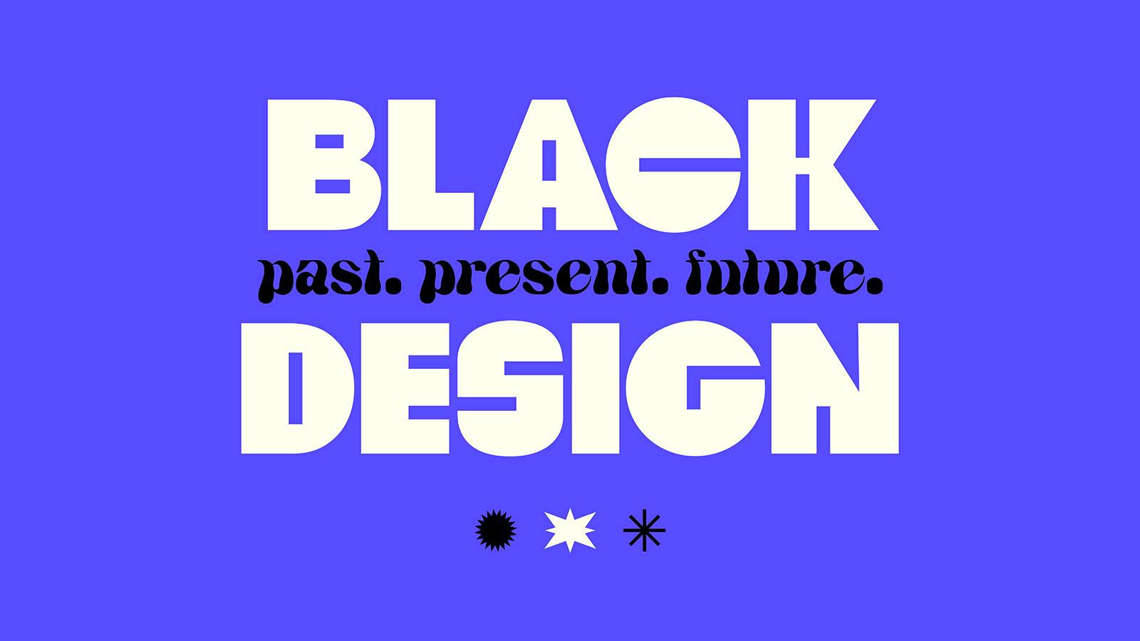 "black design" in white text on purple background