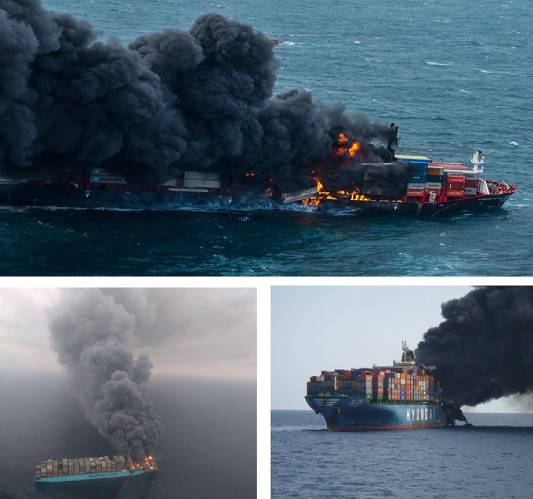 three photos of container ships on fire