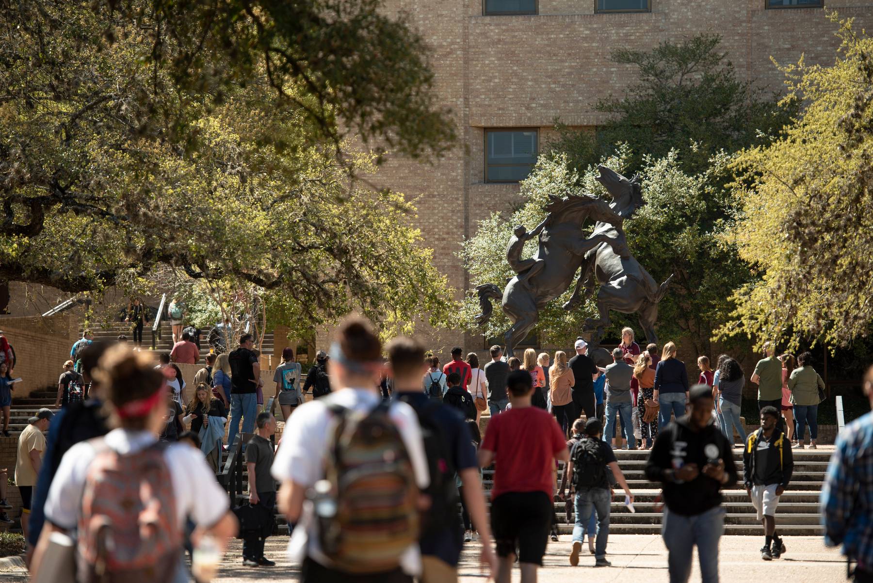 students walking in the quad at Texas State University