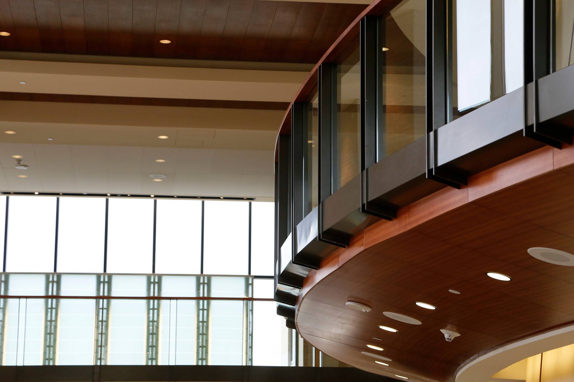 A balcony in the Performing Arts Center lobby at Texas State University