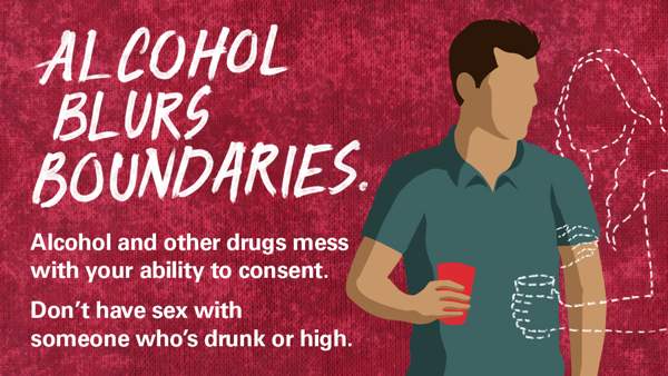 Image reads, "Alcohol blurs boundaries. Alcohol and other drugs mess with your ability to consent. Don't have sex with someone who's drunk or high."