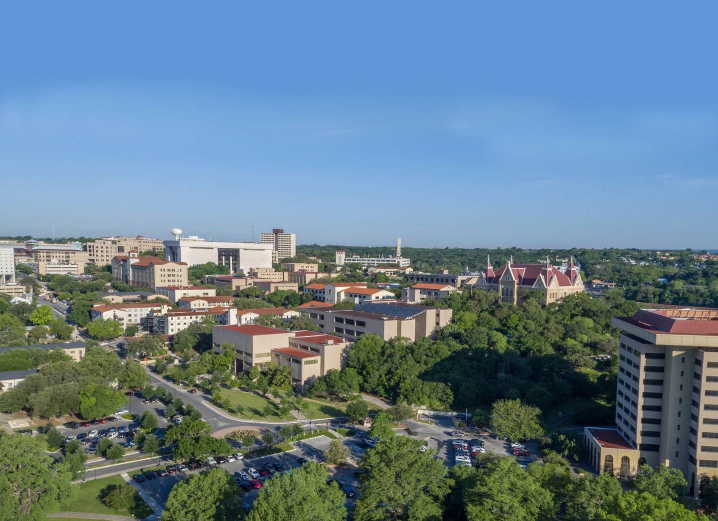 Aerial view of the Texas State University San Marcos campus.