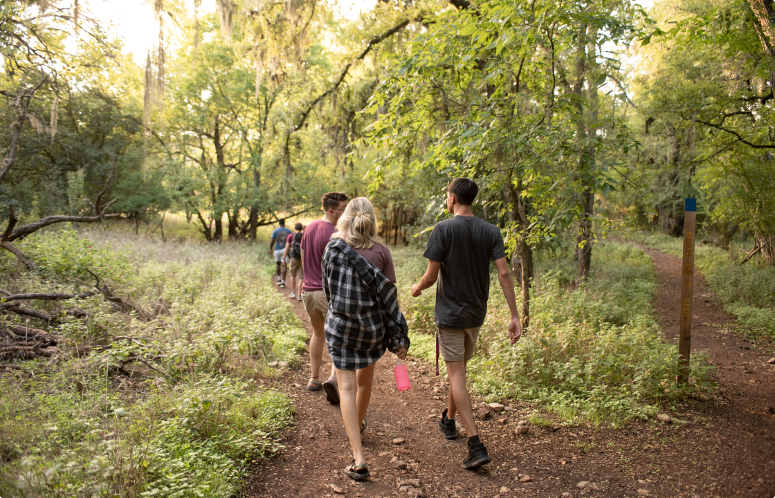 Students hike down a forested trail at sunrise