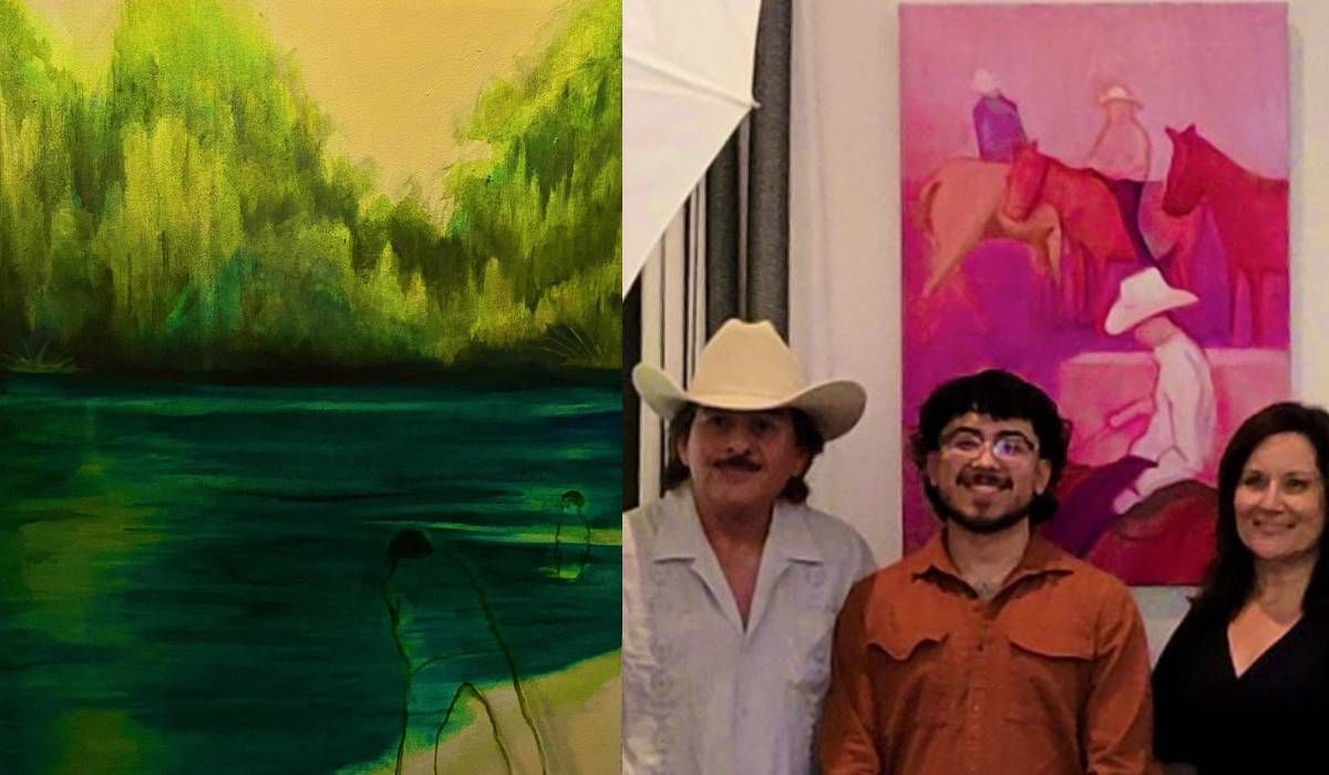 Art work to the left, Jacob Garza, his father, and Beth Damphousse to the right
