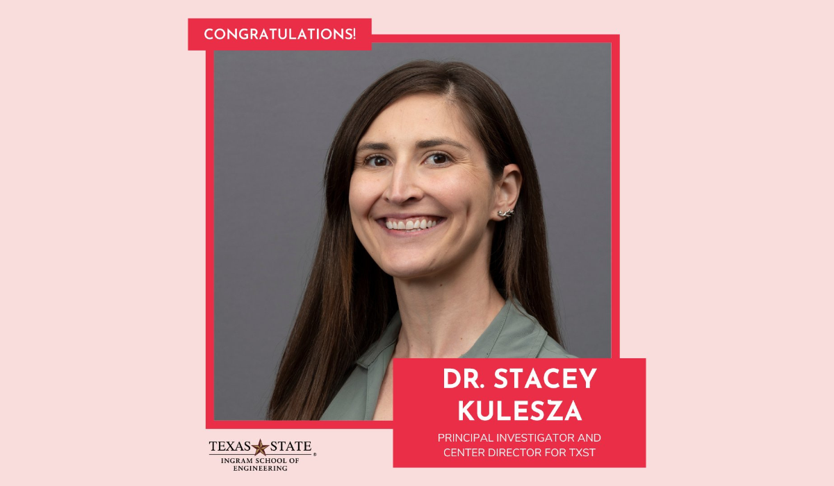 Stacy Kulesza headshot with text that says: Congratulations Dr. Stacy Kulesza Principal Investigator and Center director for TXST