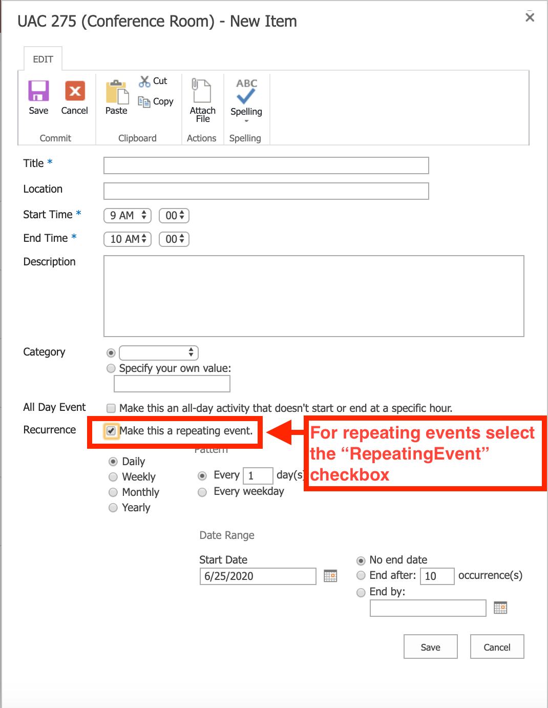 Image of new event form a red box highlights the recurrence section. Text next to it reads "for repeating events select the repeating events checkbox"